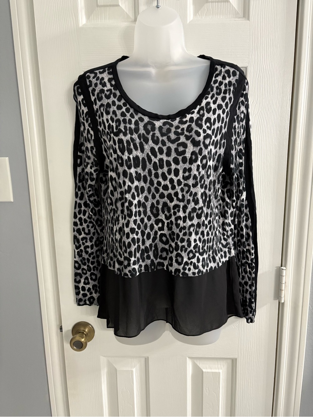 Michael Kors Black and White Leopard-Print Layered Long-Sleeve Top